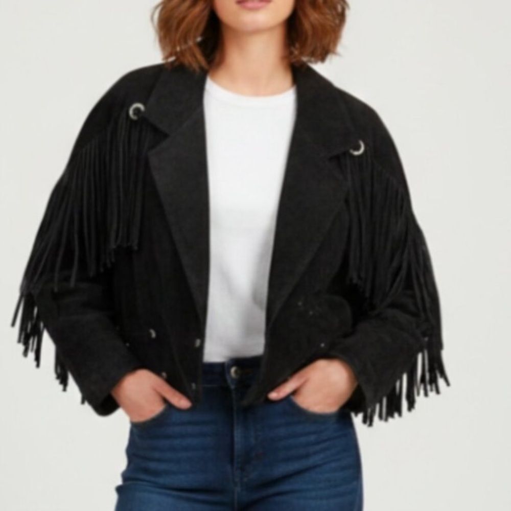 VTG,80s YEARBOOK Women Black Leather Concho Suede Fringe Jacket Sz L Approximate